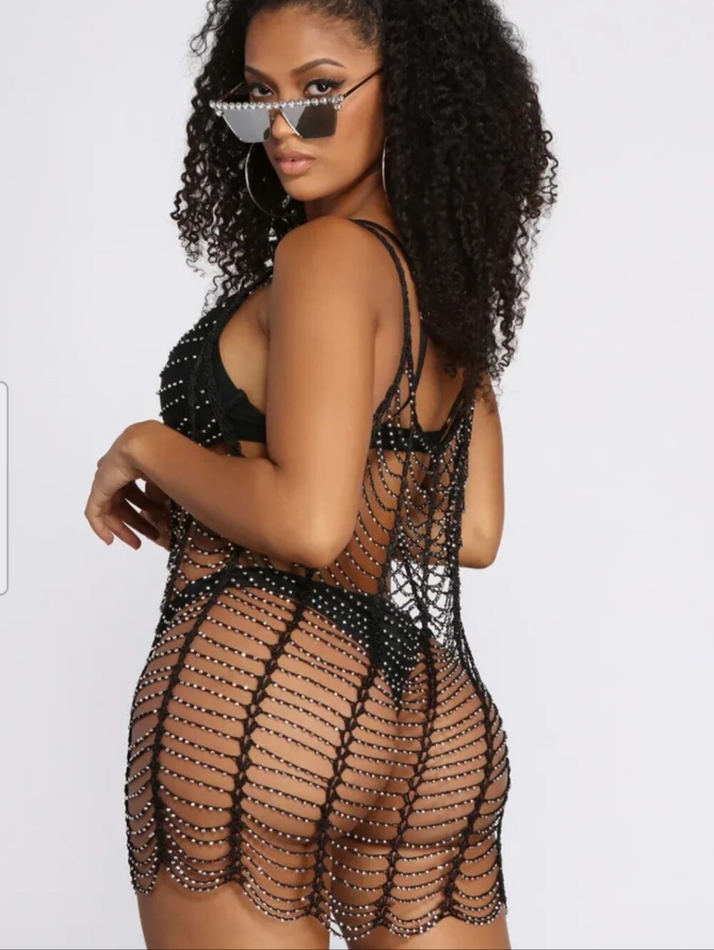 Black Crochet Rhinestone Swim Cover Up - Picture 4 of 5